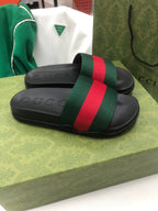 GG Web Slide Sandals Black Green Rubber Cotton 788219