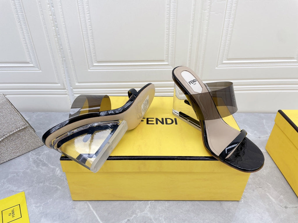 FENDI FIRST 95 MM HIGH-HEELED SANDAL IN BLACK TPU FILM AND LAMBSKIN