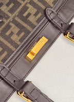 FENDI TOTE 41 BAG IN BROWN MIX BLACK MONOGRAM CANVAS GOLD HARDWARE