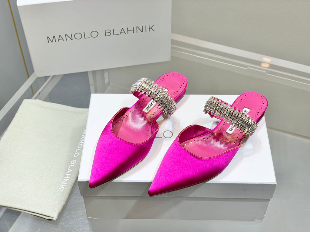 Manolo Flats Mules Diamond Buckle Dark Pink Silk Satin 327481