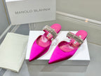 Manolo Flats Mules Diamond Buckle Dark Pink Silk Satin 327481