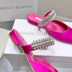 Manolo Flats Mules Diamond Buckle Dark Pink Silk Satin 327481