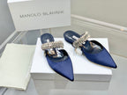 Manolo Flats Mules Diamond Buckle Navy Blue Silk Satin 327482