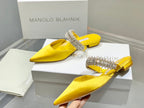 Manolo Flats Mules Diamond Buckle Yellow Silk Satin 327483