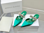 Manolo Flats Mules Diamond Buckle Green Silk Satin 327484