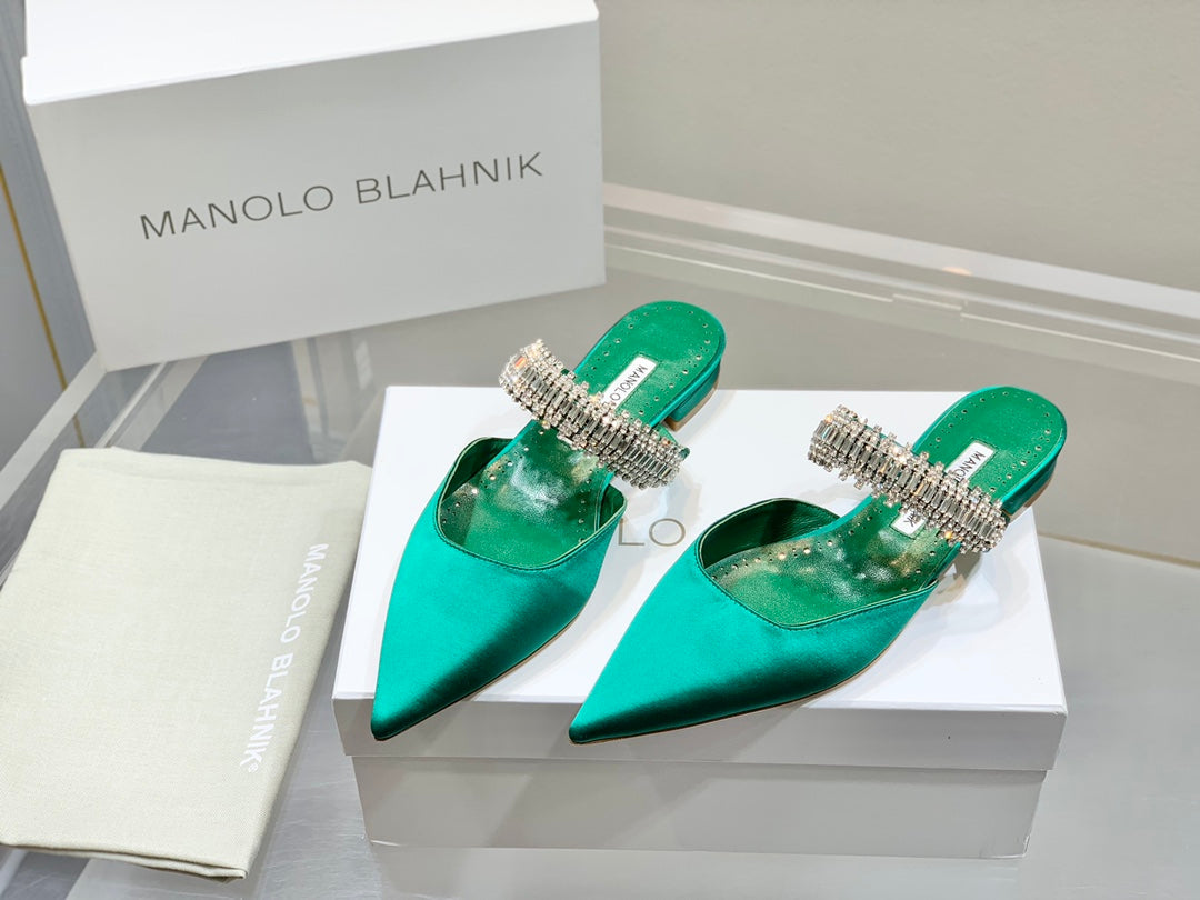 Manolo Flats Mules Diamond Buckle Green Silk Satin 327484