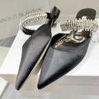 Manolo Flats Mules Diamond Buckle Black Silk Satin 327485