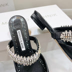 Manolo Flats Mules Diamond Buckle Black Silk Satin 327485