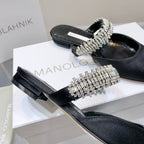 Manolo Flats Mules Diamond Buckle Black Silk Satin 327485
