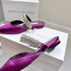 Manolo Flats Mules Diamond Buckle Purple Silk Satin 327487