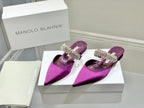Manolo Flats Mules Diamond Buckle Purple Silk Satin 327487