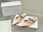 Manolo Flats Mules Diamond Buckle Pink Nude Silk Satin 327488