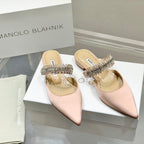 Manolo Flats Mules Diamond Buckle Pink Nude Silk Satin 327488