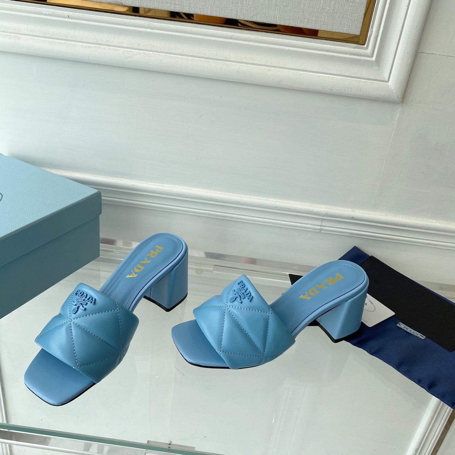Pra Heeled Sandal 65 Square Sole Quilted Sky Blue Leather
