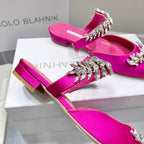Manolo Flats Mules Crystal Dark Pink Silk Satin 327469