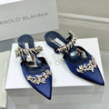 Manolo Flats Mules Crystal Navy Blue Silk Satin 327470