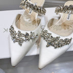 Manolo Flats Mules Crystal White Silk Satin 327471