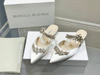 Manolo Flats Mules Crystal White Silk Satin 327471