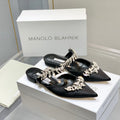 Manolo Flats Mules Crystal Black Silk Satin 327467