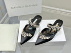 Manolo Flats Mules Crystal Black Silk Satin 327467