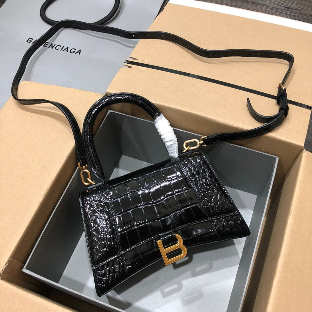Balenciaga Hourglass bag black crocodile skin 536051