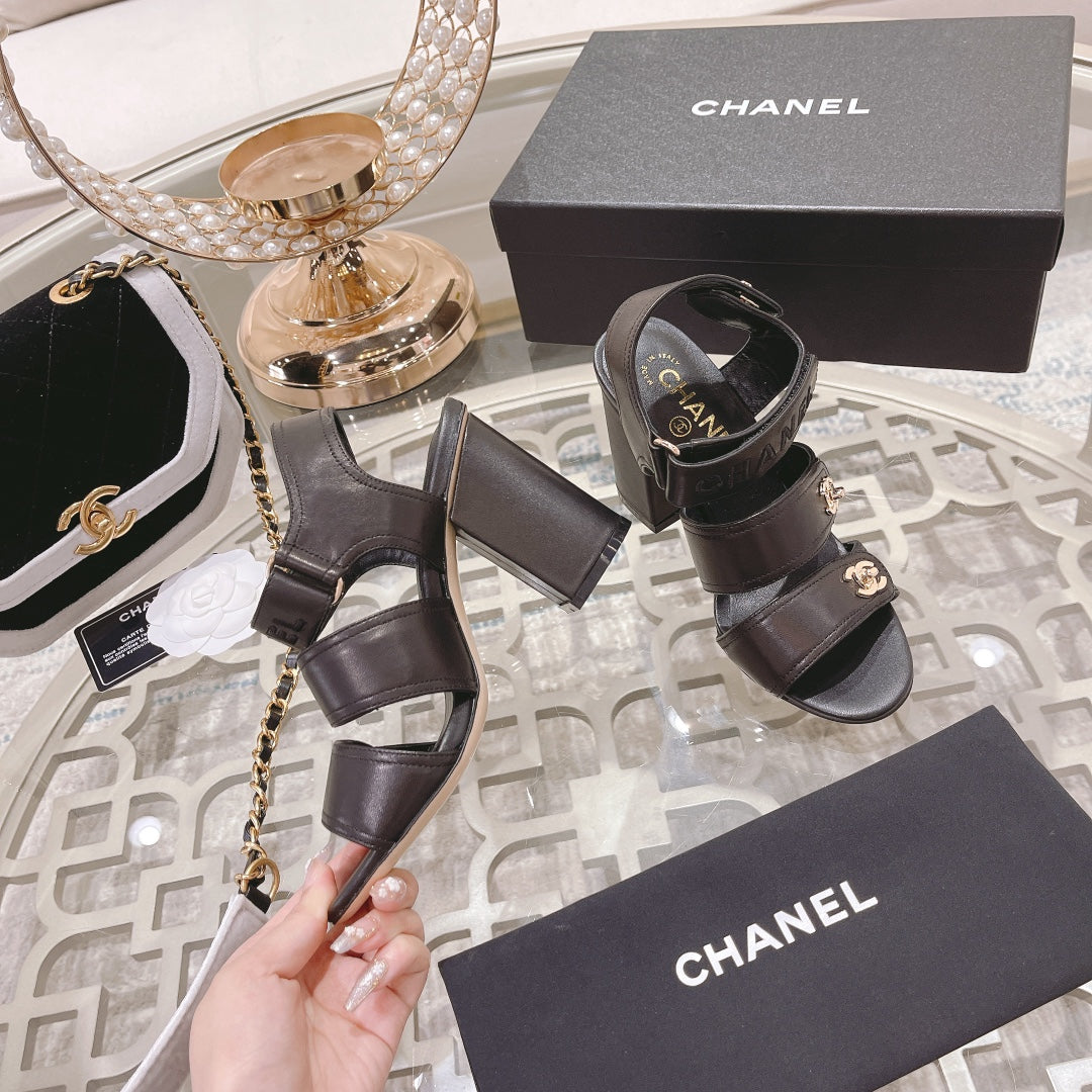 CC 25C Three Strap Sandal High Heel Black Sheepskin 213350