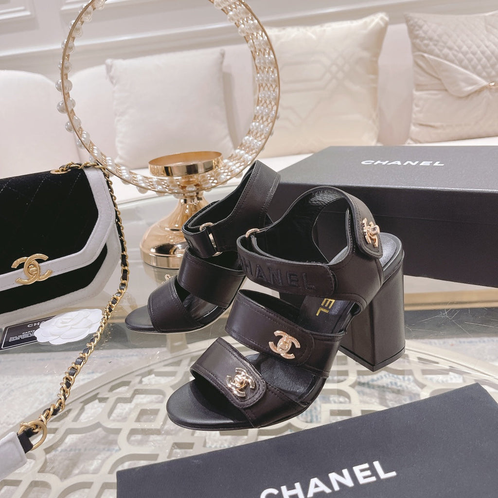 CC 25C Three Strap Sandal High Heel Black Sheepskin 213350