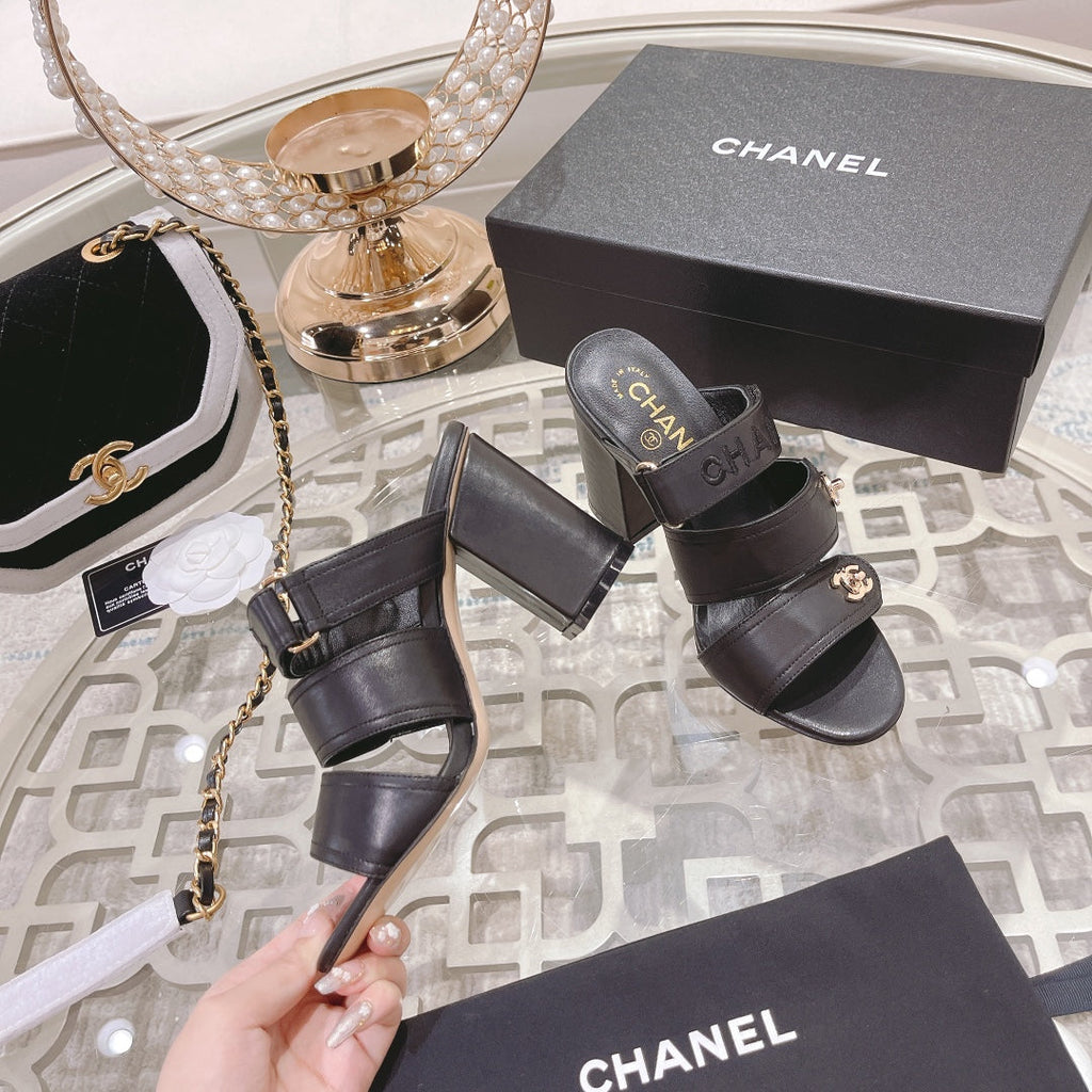 CC 25C Three Strap Sandal Mule High Heel Black Sheepskin 213348