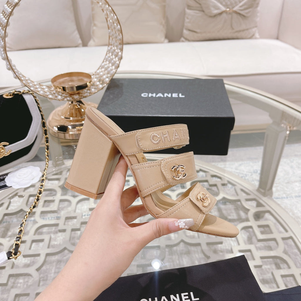 CC 25C Three Strap Sandal Mule High Heel Cream Sheepskin 213347