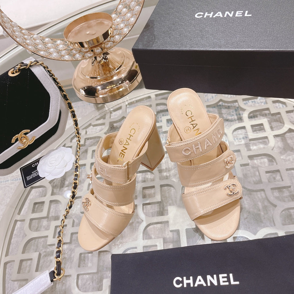 CC 25C Three Strap Sandal Mule High Heel Cream Sheepskin 213347