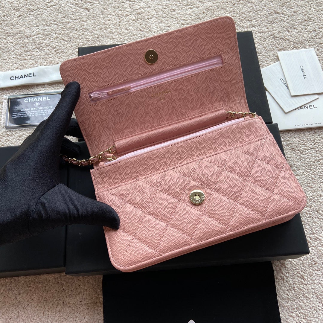 CC Classic Woc 20cm Pink Grained Calfskin Diamond Gold Hardware
