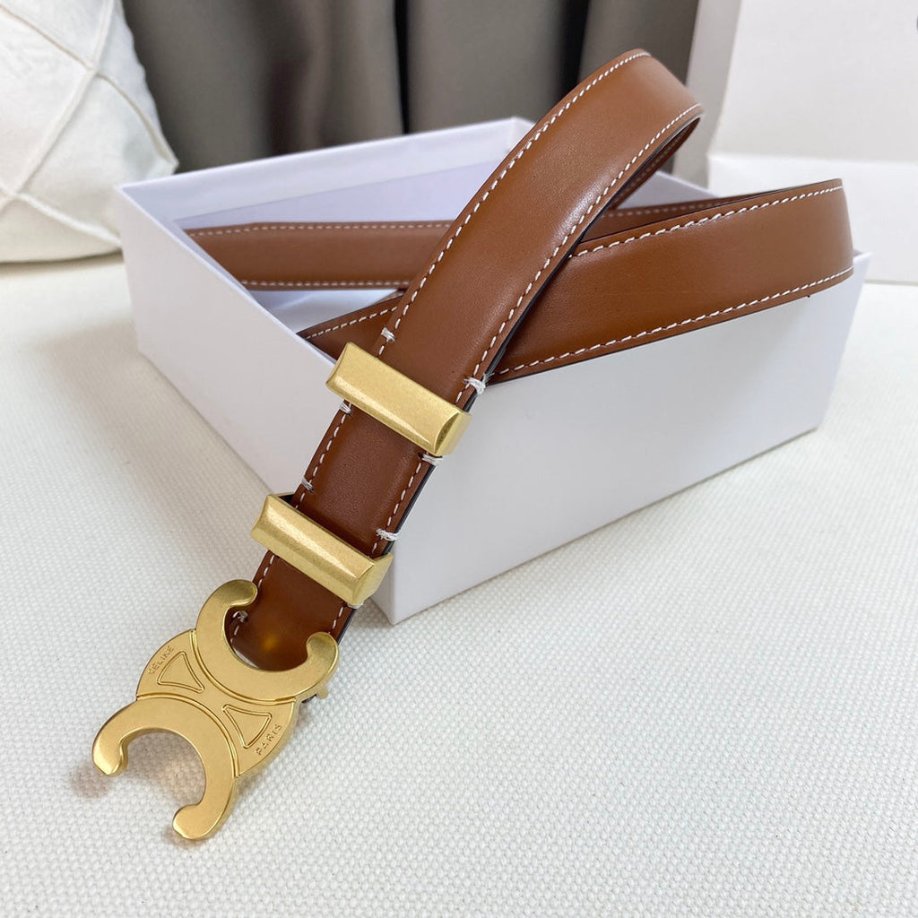 Medium Triomphe Belt 25mm Tan Calfskin Gold Loop Ghw