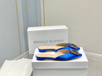 Manolo Buckle Flast Mules Navy Blue Silk 327512