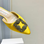 Manolo Buckle Flast Mules Yellow Silk 327516