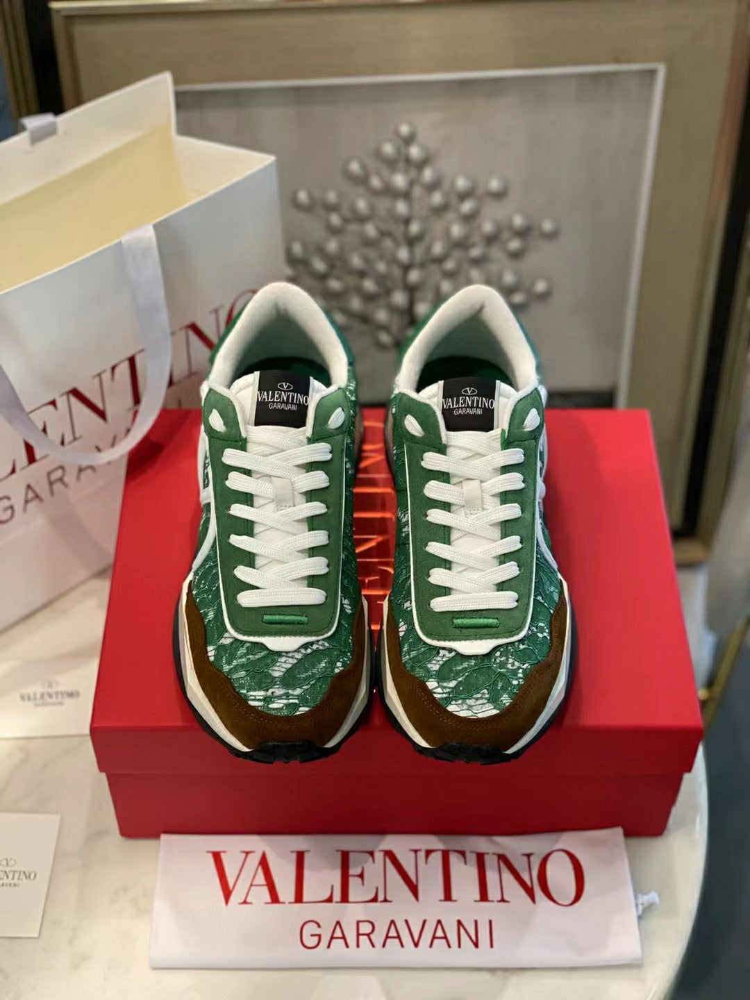 Lace And Mesh Lacerunner Sneaker In Green White Mix Earth Brown 994623