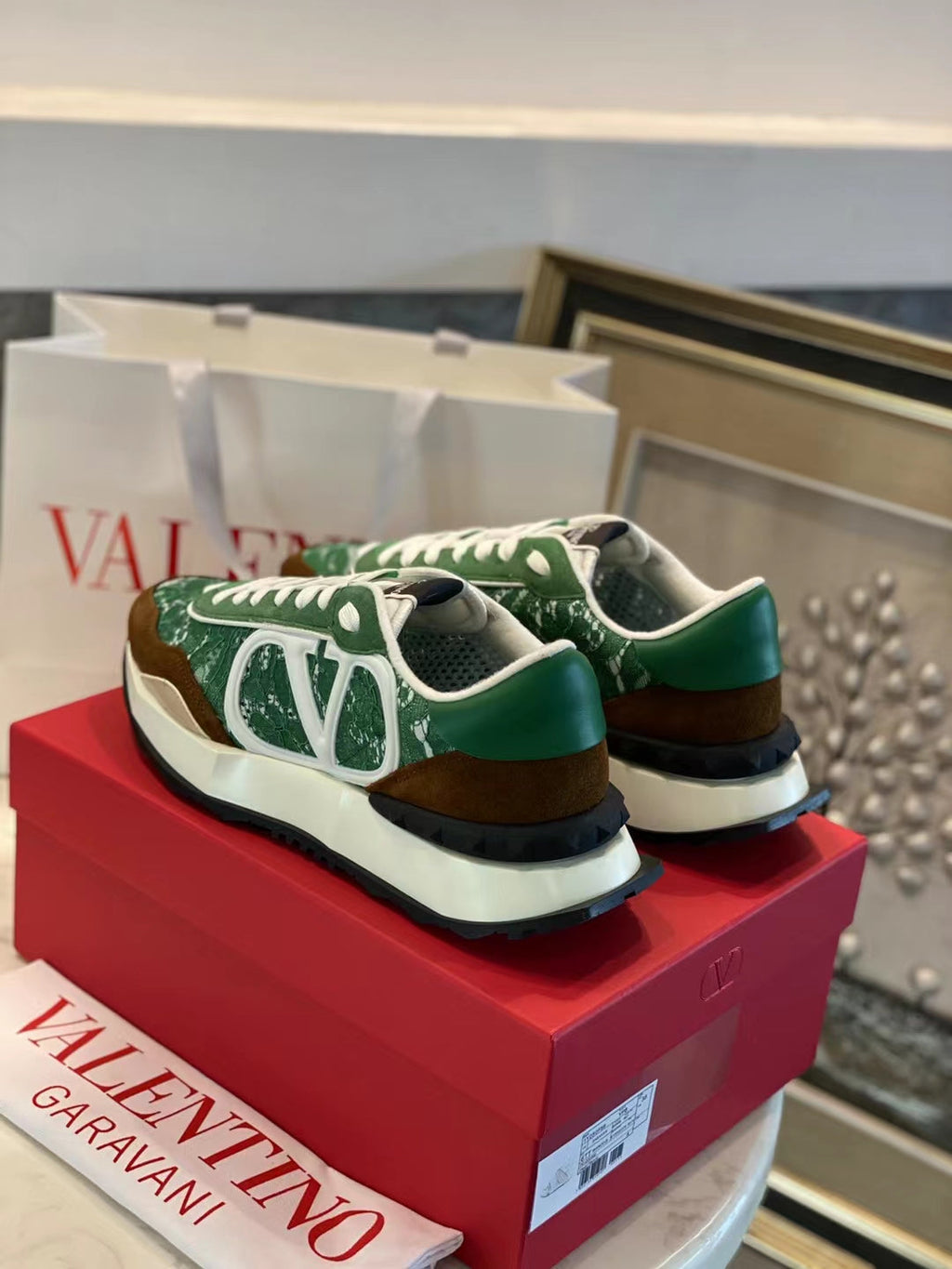 Lace And Mesh Lacerunner Sneaker In Green White Mix Earth Brown 994623