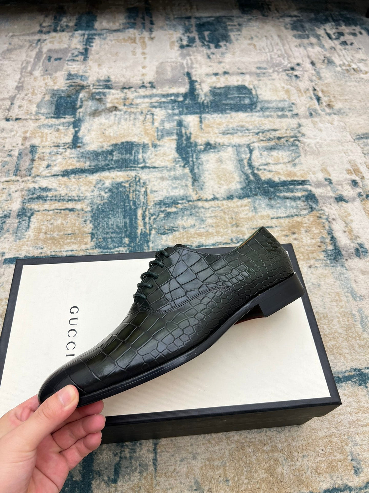 GG Men's Dress Shoe Dark Green Crocodile Embossed Calfskin 533109