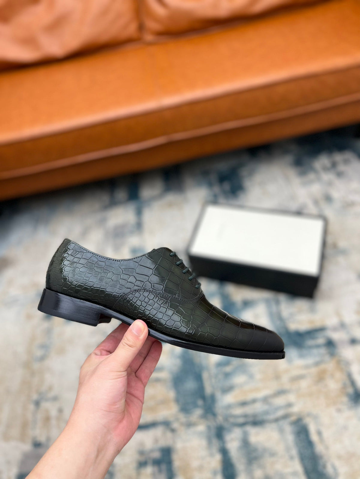GG Men's Dress Shoe Dark Green Crocodile Embossed Calfskin 533109