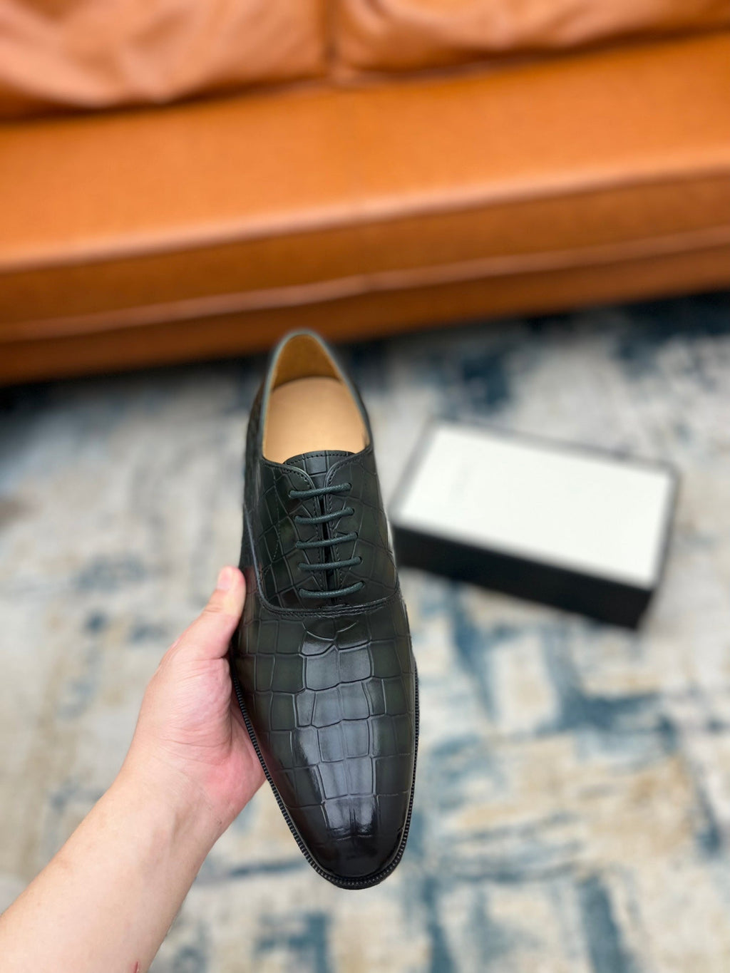 GG Men's Dress Shoe Dark Green Crocodile Embossed Calfskin 533109