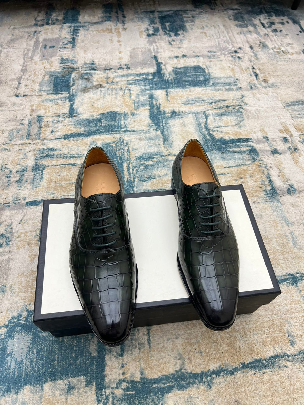 GG Men's Dress Shoe Dark Green Crocodile Embossed Calfskin 533109