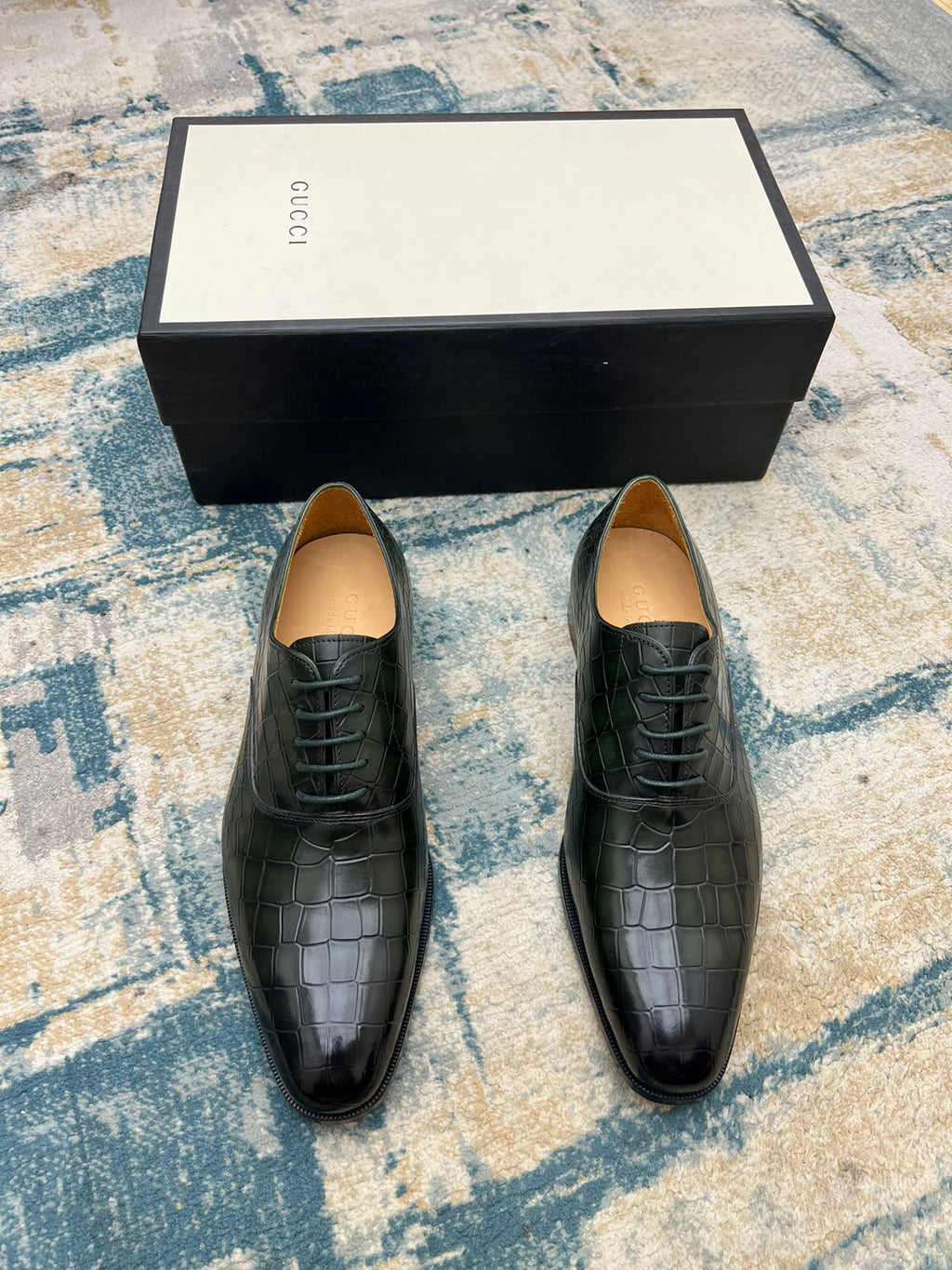 GG Men's Dress Shoe Dark Green Crocodile Embossed Calfskin 533109