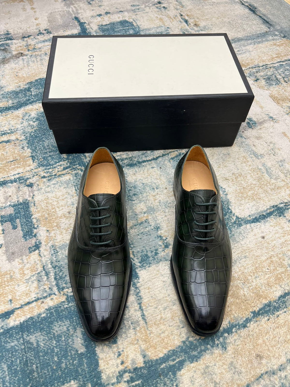 GG Men's Dress Shoe Dark Green Crocodile Embossed Calfskin 533109