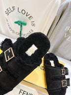 FENDI DAD SANDAL MULE IN BLACK SUEDE WITH FLEECE WITH GOLD HARDWARE