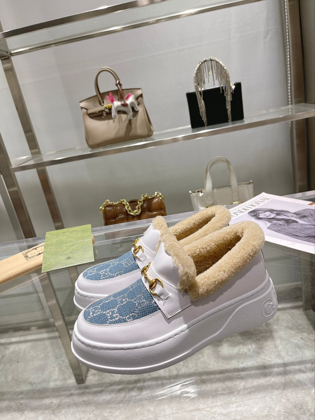 GG Snow Boots White Blue Calfskin Denim Wool 576245