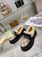 GG Snow Boots Black Beige Calfskin Suede Wool 576246