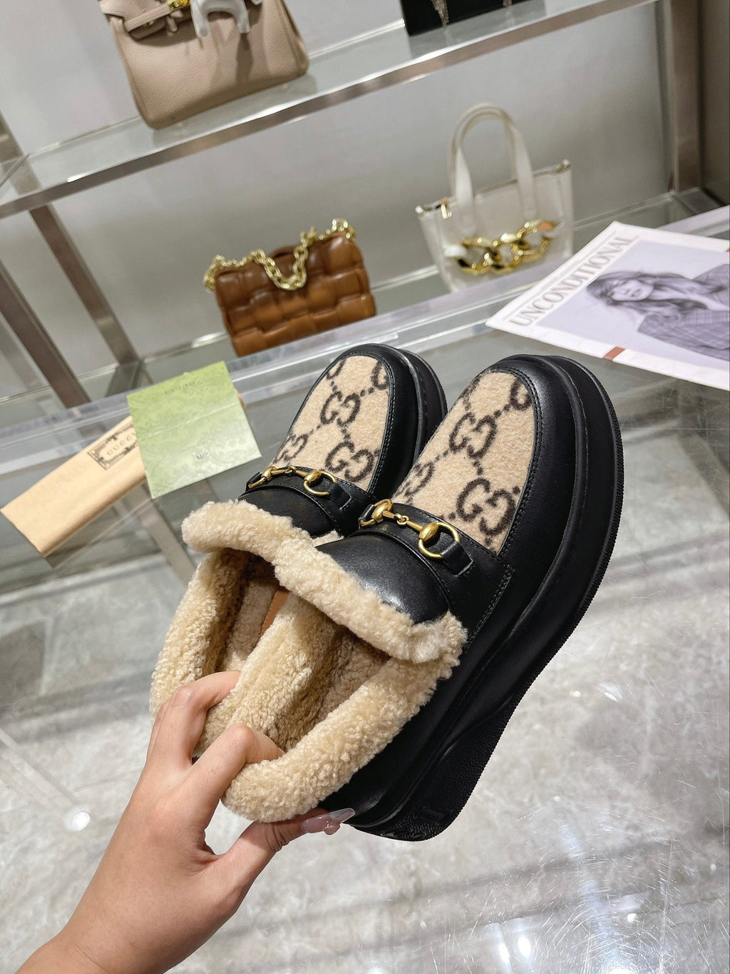 GG Snow Boots Black Beige Calfskin Suede Wool 576246