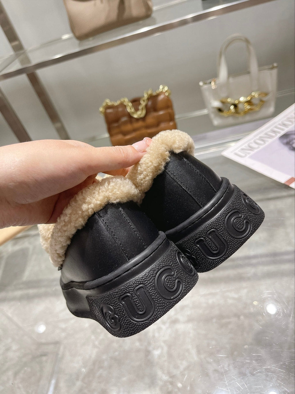 GG Snow Boots Black Beige Calfskin Suede Wool 576246