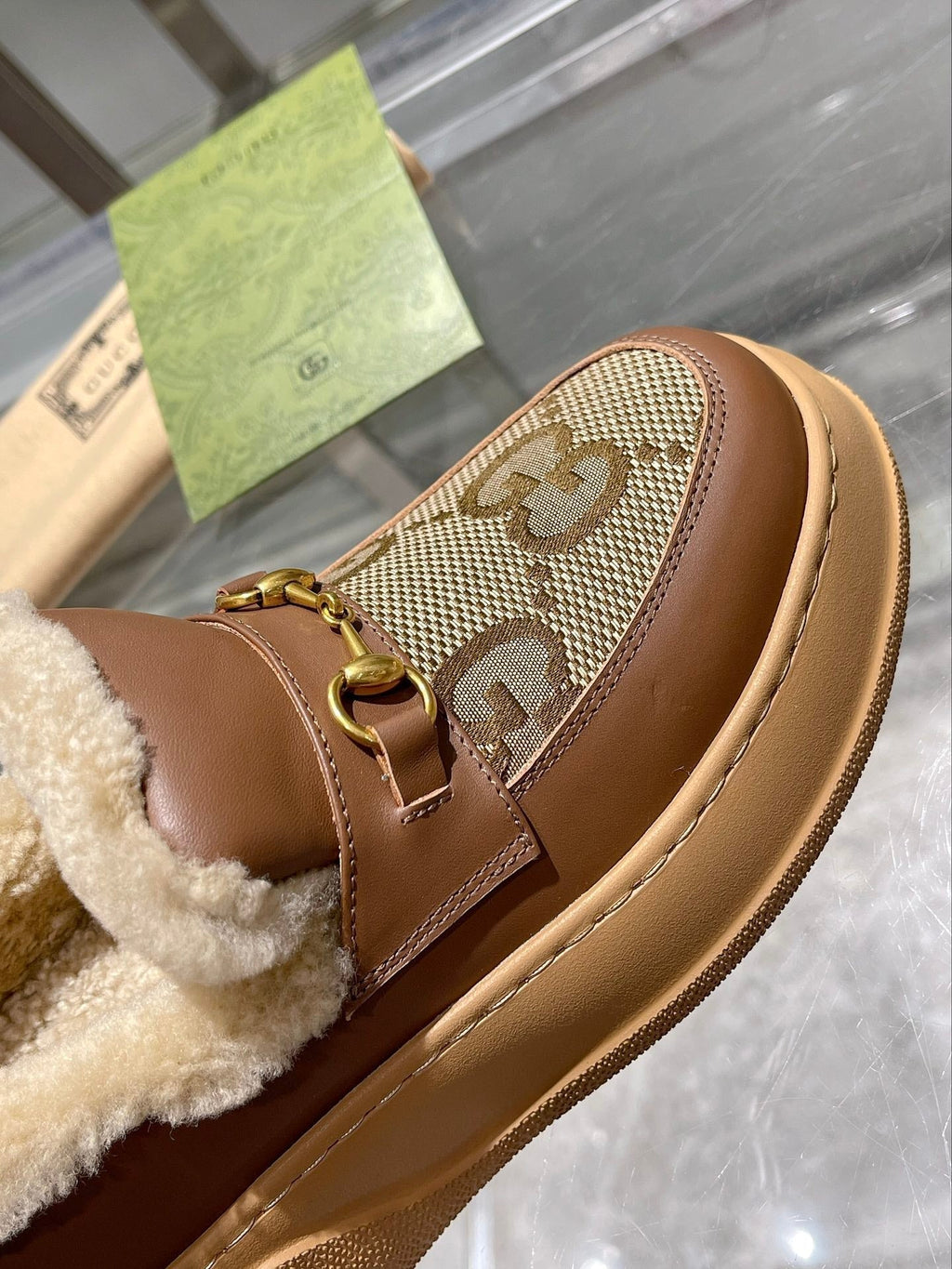 GG Snow Boots Brown Calfskin Denim Wool 576247
