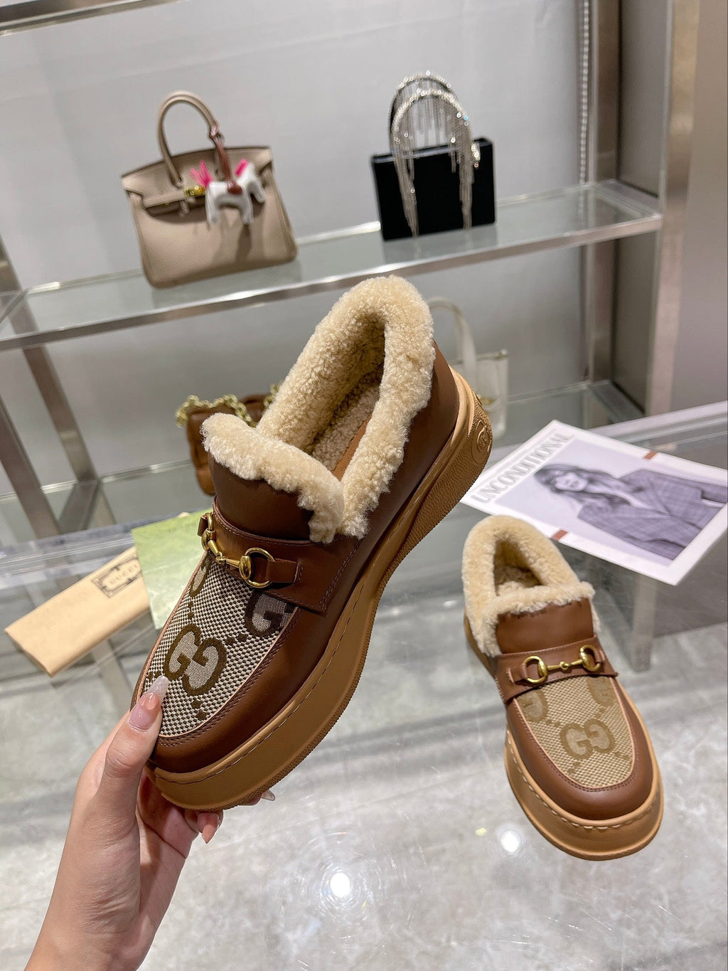 GG Snow Boots Brown Calfskin Denim Wool 576247
