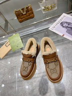 GG Snow Boots Brown Calfskin Denim Wool 576247
